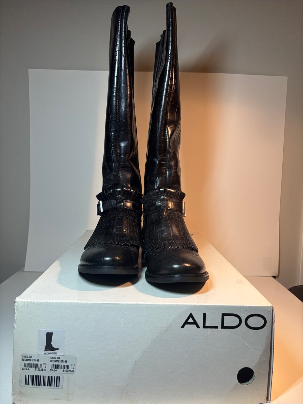 Aldo Black Croc-Textured Tall Heeled Riding Boots